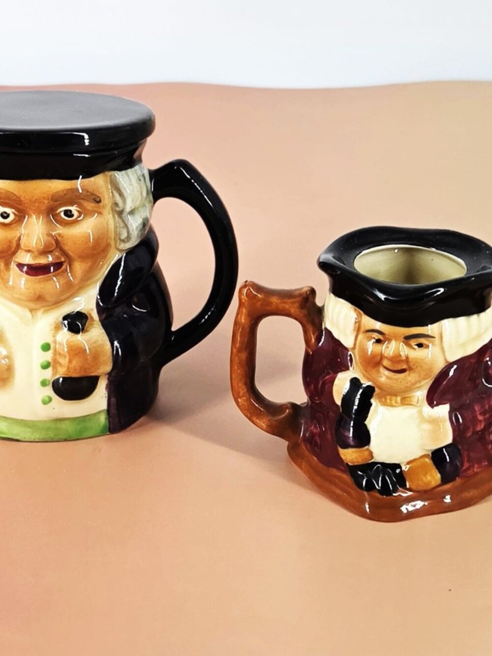 Two Fine Porcelain VTG Toby Jug w/Lid & Tea Pot Crown Devon England Harrod's Tag